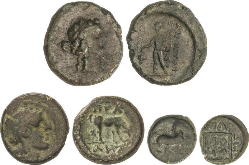 Lote 3 monedas AE 13 a AE 22. 398 a 145 a.C. PELLA. MACEDONIA y MARONEIA. TRACIA...