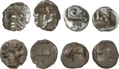 Lote 4 monedas Tetartemorion. EFESO, THEOS. 0,19 a 0,22 grs. AR. A EXAMINAR. MBC- a MBC.