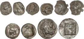 Lote 5 monedas Trietartemorion (2), Óbolo, Hemidracma (2). EMPORITON?, CILICIA, KATANIA, MASIKITES. 0,53 a 1,62 grs. AR. A EXAMINAR. BC a MBC.