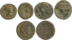 Lote 3 monedas AE 17 a 21. MACEDONIA, TESALONICA, SIRACUSA-AGATOKLES. 11,12,7,48 y 5,78 grs. AE. A EXAMINAR. BC+ a MBC-.