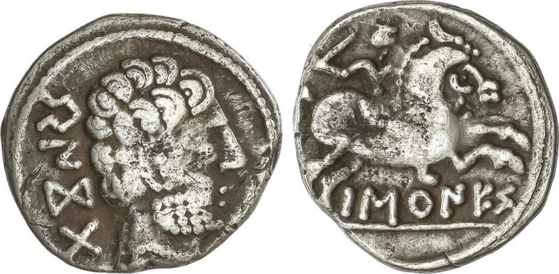 Denario. 120-20 a.C. BASCUNES (PAMPLONA). Anv.: Cabeza barbada a derecha, detrás...