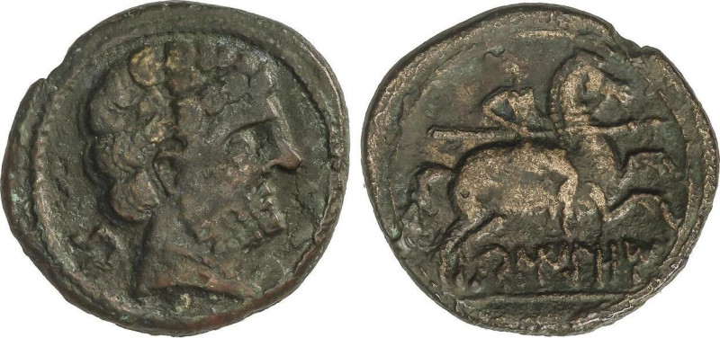 As. 120-20 a.C. BELIGIOM (BELCHITE, Zaragoza). Anv.: Cabeza barbada a derecha, d...