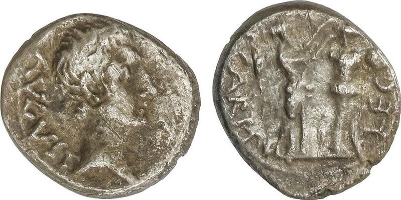 Quinario. 27 a.C. ÉPOCA DE AUGUSTO. EMERITA (MÉRIDA, Badajoz). Anv.: Cabeza desn...