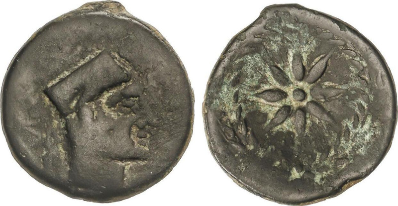 Semis. 200-20 a.C. MALACA (MÁLAGA). Anv.: Cabeza de Vulcano a derecha con gorro ...