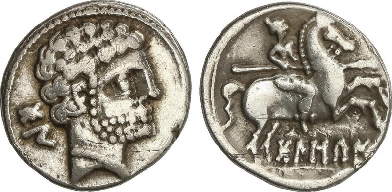 Denario. 180-20 a.C. BOLSCAN (HUESCA). Anv.: Cabeza barbada a derecha, detrás Bo...