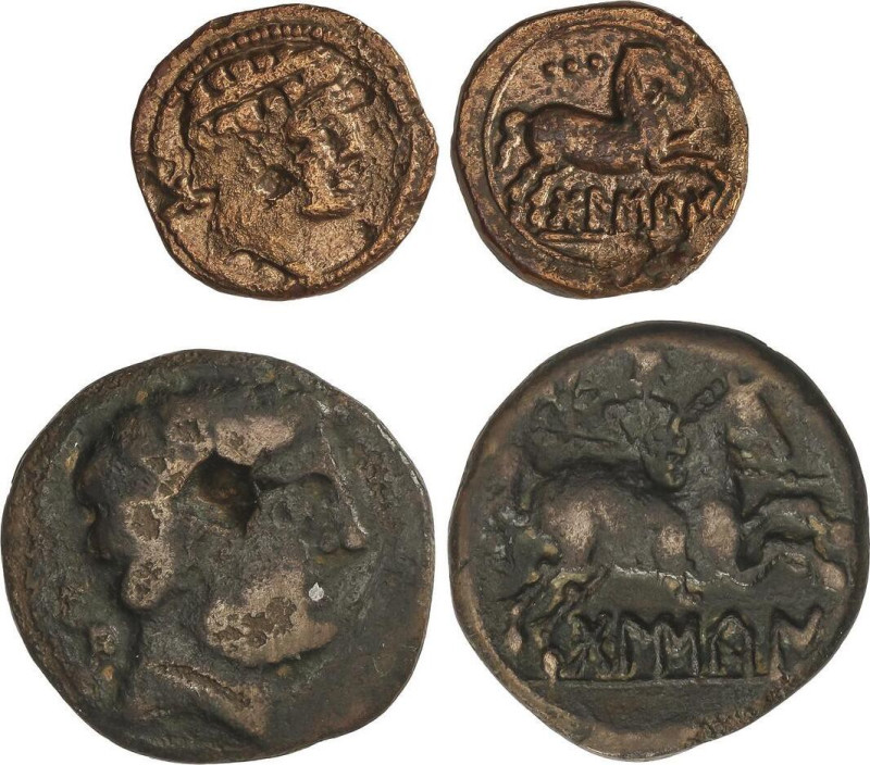Lote 2 monedas Cuadrante y As. 180-20 a.C. BOLSCAN (HUESCA). Anv.: Cabeza mascul...