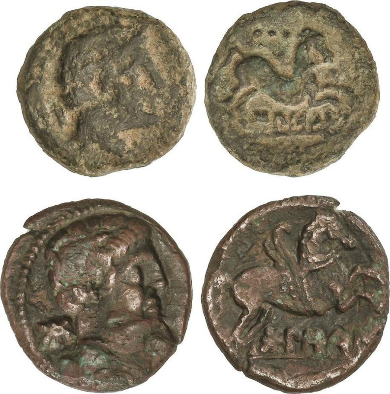 Lote 2 monedas Cuadrante y Semis. 180-20 a.C. BOLSCAN (HUESCA). Anv.: Cabeza mas...