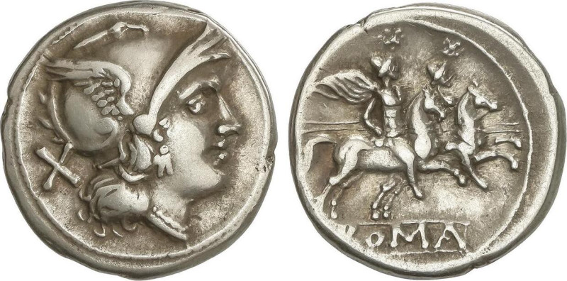 Denario. 200-190 a.C. ANÓNIMO. SUR de ITALIA. Anv.: Cabeza de Roma con casco, de...