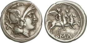 Denario. 200-190 a.C. ANÓNIMO. SUR de ITALIA. Anv.: Cabeza de Roma con casco, detrás X. Rev.: Dióscuros a caballo a derecha. En exergo: ROMA. 4,32 grs...