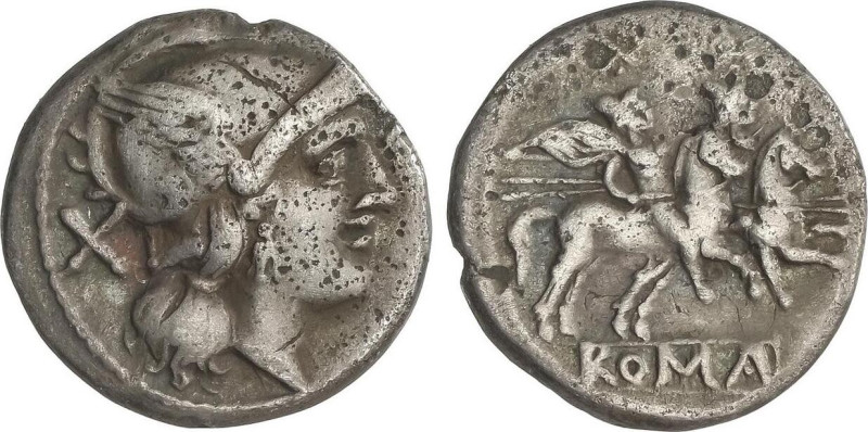 Denario. 200-190 a.C. ANÓNIMO. SUR de ITALIA. Anv.: Cabeza de Roma con casco, de...