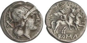 Denario. 200-190 a.C. ANÓNIMO. SUR de ITALIA. Anv.: Cabeza de Roma con casco, detrás X. Rev.: Dióscuros a caballo a derecha. En exergo: ROMA. 3,44 grs...