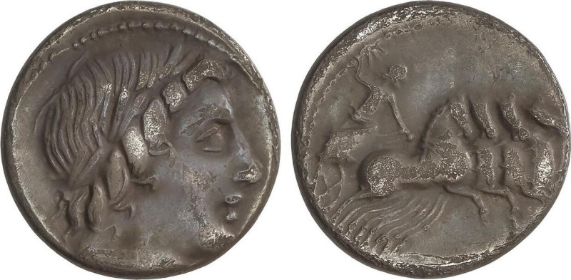 Denario. 86 a.C. ANÓNIMA. ROMA. Anv.: Cabeza laureada de Apolo Vejovis a derecha...