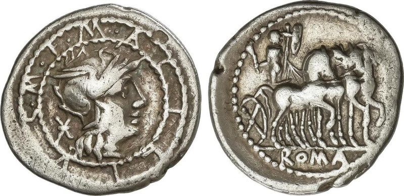 Denario. 130 a.C. ACILIA. Marcus Acilius Marci f. Anv.: Cabeza de Roma a derecha...