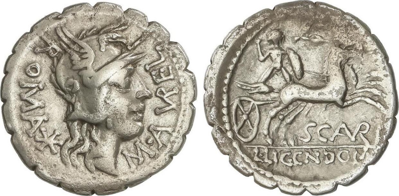 Denario. 118 a.C. AURELIA. M. Aurelius Scaurus. Narbo. Anv.: Cabeza de Roma con ...