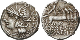 Denario. 137 a.C. BAEBIA. Marcius Baebius Q.f. Tampilus. Anv.: Cabeza de Roma a izquierda entre X y TAMPIL. Rev.: Apolo en cuadriga a derecha, debajo ...