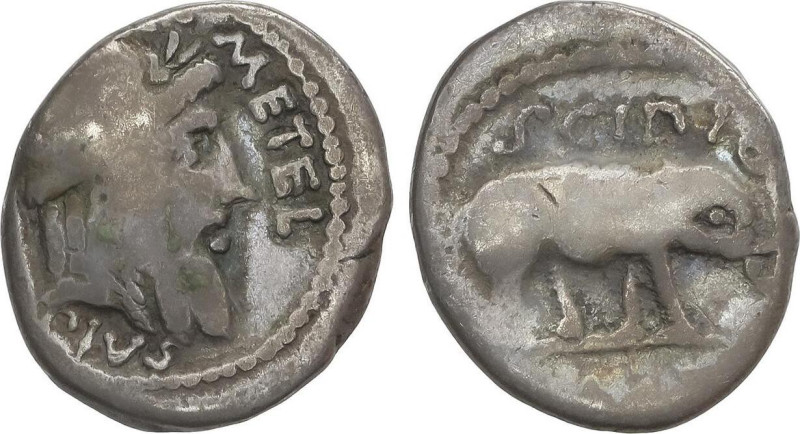 Denario. 47-46 a.C. CAECILIA. Q. Caecilius Metellus Pius Scipio. África. Anv.: C...