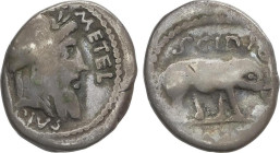 Denario. 47-46 a.C. CAECILIA. Q. Caecilius Metellus Pius Scipio. África. Anv.: Cabeza laureada de Júpiter a derecha. Q. METELPIVS. Rev.: Elefante a de...