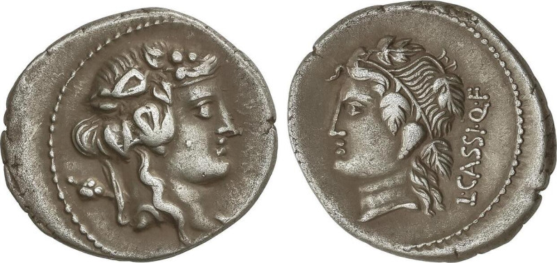 Denario. 78 a.C. CASSIA. L. Cassius Q. F. Longinus. Anv.: Cabeza de Libero Baco ...