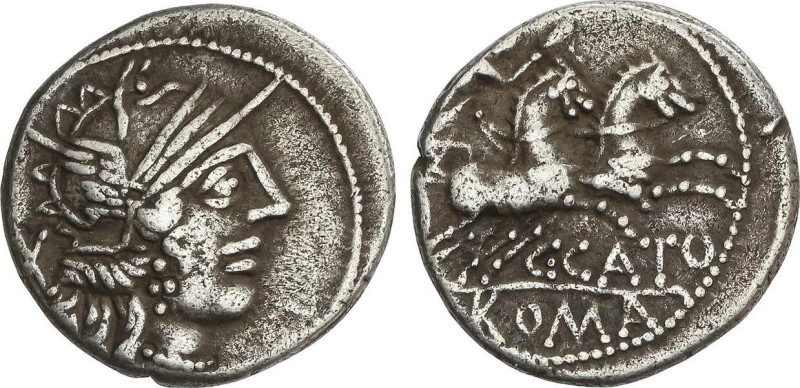 Denario. 123 a.C. PORCIA. C. Porcius Cato. Anv.: Cabeza de Roma a derecha, detrá...