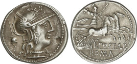 Denario. 131 a.C. POSTUMIA. L. Postumius Albinus. Anv.: Cabeza de Roma a derecha entre apex y *. Rev.: Marte en cuadriga a derecha, debajo L. POST. AL...