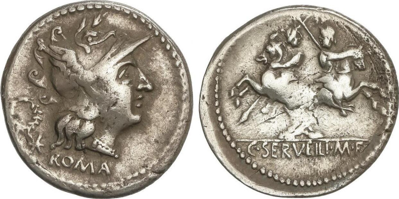 Denario. 136 a.C. SERVILIA. C. Servilius M. f. Augur. Anv.: Cabeza de Roma a der...
