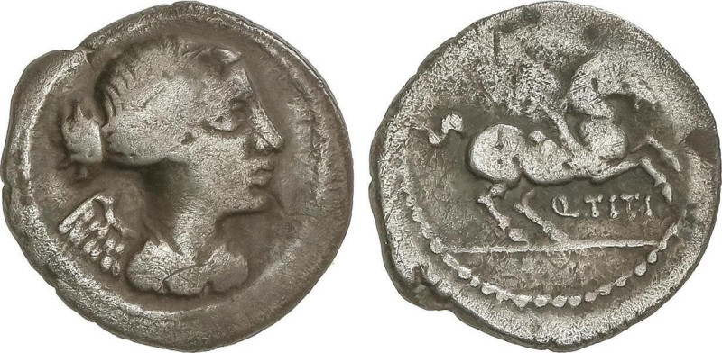 Quinario. 90 a.C. TITIA-3. Anv.: Busto de la Victoria a derecha. Rev.: Pegaso a ...