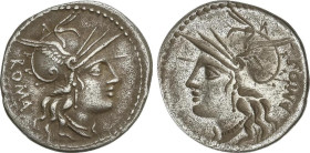 Denario. 120 a.C. TULLIA. M. Tullius. Anv.: Cabeza de Roma a derecha, detrás: ROMA. 3,82 grs. AR. Incuso en reverso. Cal-1317; Craw-280/1; FFC-1162; S...