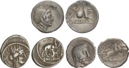 Lote 3 monedas Denario. CORNELIA, PLAUTIA, TITURIA. AR. A EXAMINAR. Craw-393/1a, 431/1, 344/3; FFC-626, 1002, 1149. MBC.
