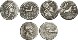 Lote 3 monedas Denario. CORNELIA, PAPIRIA y VIBIA. AR. A EXAMINAR. FFC-624, 959, 1199. MBC- a MBC.