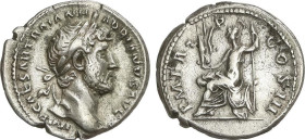 Denario. 119-122 d.C. ADRIANO. Anv.: IMP. CAESAR TRAIAN. HADRIANVS AVG. Cabeza laureada a derecha. Rev.: P. M. TR. P. COS. III. Roma a izquierda con l...