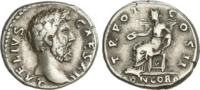 Denario. 137 d.C. AELIO. Anv.: L. AELIVS CAESAR. Cabeza descubierta de Aelio a derecha. Rev.: TR. POT. COS. II. Concordia sentada en trono a izquierda...