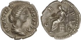 Denario. 156-175 d.C. FAUSTINA HIJA. Anv.: FAVSTINA AVGVSTA. Cabeza drapeada a derecha. Rev.: CERES. Ceres sentada a izquierda con espigas y antorcha....