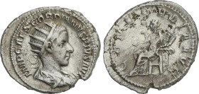 Antoniniano. 241-243 d.C. GORDIANO III. Rev.: CONCORDIA AVG. La Concordia sentada a izquierda con pátera y doble cornucopia. 4,62 grs. AR. C-53; RIC-5...