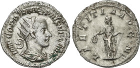 Antoniniano. 241-243 d.C. GORDIANO III. Rev.: LAETITIA AVG. N. Alegría en pie a izquierda. 3,85 grs. AR. (Leves oxidaciones). C-121; RIC-86. MBC+.