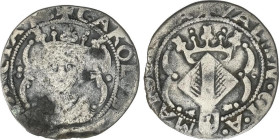 2 Reales. VALENCIA. Anv.: Busto ¿sin barba?. Rev.: Escudito con león. 3,51 grs. (Algo recortada). Pátina negra irregular. AC-90. BC+.