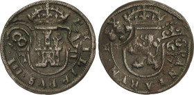 8 Maravedís. 1617. SEGOVIA. 5,58 grs. Con resellos de reutilización ´8´, ´XII´ y fecha ´1651´ de la época de Felipe IV. RARA. AC-336. MBC+.