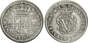 2 Reales. 1708. SEGOVIA. Y. 5,11 grs. Corona divide la fecha. AC-942. MBC-.