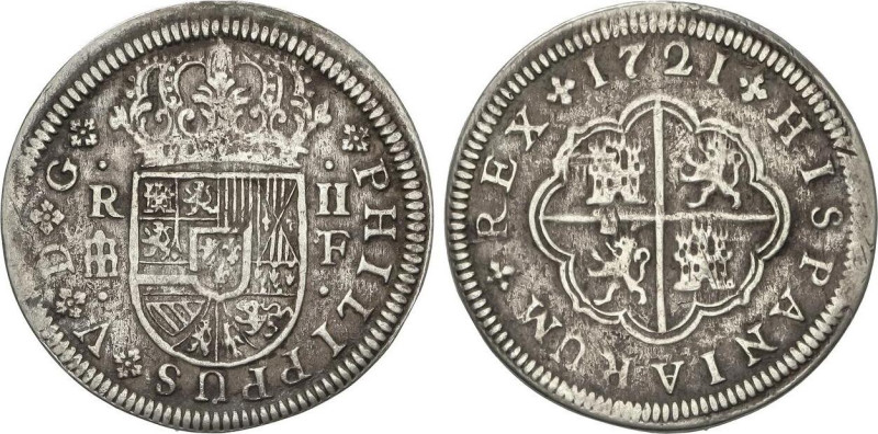 2 Reales. 1721. SEGOVIA. F. 5,14 grs. Pátina oscura. AC-954. MBC.