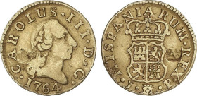 1/2 escudo. 1764. MADRID. J.P. 1,62 grs. Resello de carácter privado en reverso. Tipo cara de rata. AC-1247. MBC.