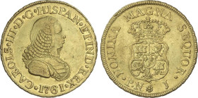 2 Escudos. 1761. POPAYÁN. J. 6,70 grs. Busto de Fernando VI. (Rayitas en reverso). RARA ASÍ. AC-1615; Cal-494. EBC-.