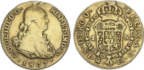 1 Escudo. 1807. MADRID. F.A. 3,29 grs. (Descolgada, rayitas en anverso). ESCASA. AC-1120. MBC-/MBC.