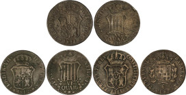 Lote 3 monedas 6 Quartos. 1811, 1812, 1823. CATALUNYA. A EXAMINAR. AC-17, 18, 21. BC+ a MBC-.