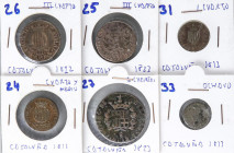 Lote 6 monedas Ochavo, 1, 1-1/2, 3 (2) y 6 Cuartos. 1811 a 1823. CATALUNYA. AE. Ochavo 1813, 1 Cuarto 1813 valor sin orla, 1-1/2 cuarto 1811, 3 cuarto...
