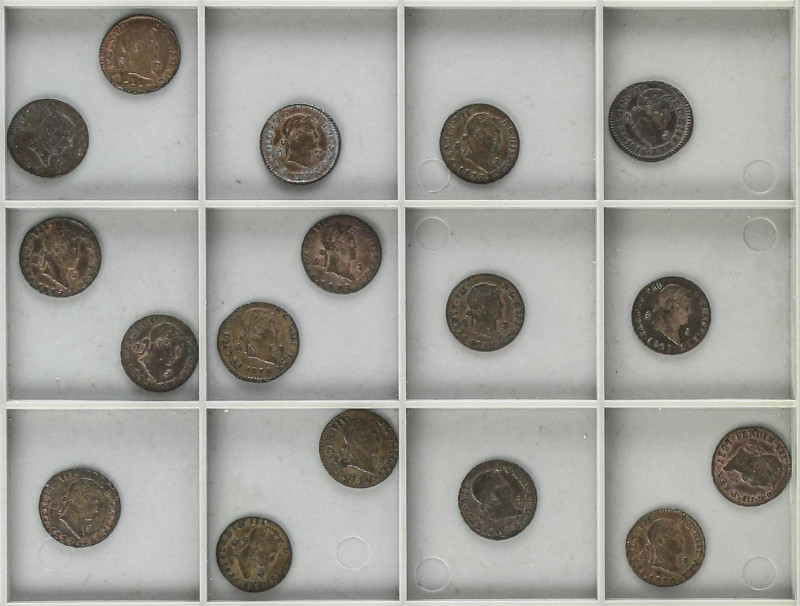 Lote 18 monedas 2 Maravedís. 1824 a 1830. JUBIA y SEGOVIA (17). A EXAMINAR. BC+ ...