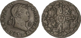2 Maravedís. 1832. SEGOVIA. 2,44 grs. ERROR: FERDIN IIV. ESCASA. AC-156. MBC-.