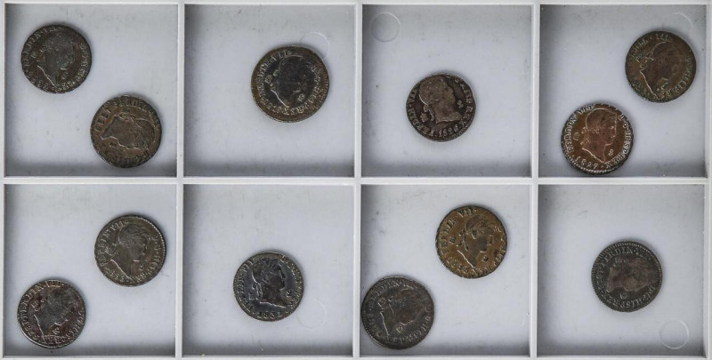 Lote 10 monedas 2 Maravedís. 1818, 19, 24, 25, 26, 27, 28, 29, 30, 31, 32, 33. S...