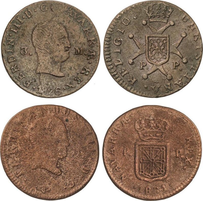 Lote 2 monedas 3 Maravedís. 1826 y 1831. PAMPLONA. AC-49, 52. BC+ y MBC-.