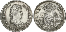2 Reales. 1811. CÁDIZ. C.I. 5,61 grs. C grande. (Rayas de ajuste en reverso). AC-726. (EBC-).