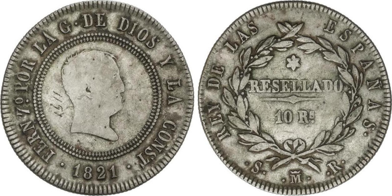 10 Reales. 1821. MADRID. S.R. 13,61 grs. Resellado. Módulo 4 Reales. Resellado. ...