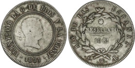 10 Reales. 1821. MADRID. S.R. 13,61 grs. Resellado. Módulo 4 Reales. Resellado. Variante sin punto entre F y 7 de anverso. Pátina. AC-1088 var. MBC-....